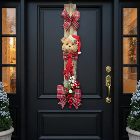 Escapulario navideño con oso de terciopelo para puerta de entrada – 2,10m x 40cm | Belvaron